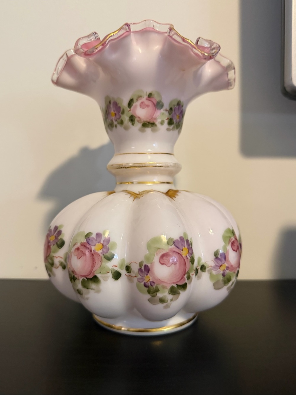Vintage Fenton Charleton Peach Crest Melon Vase 7” Hand Painted Roses Gold